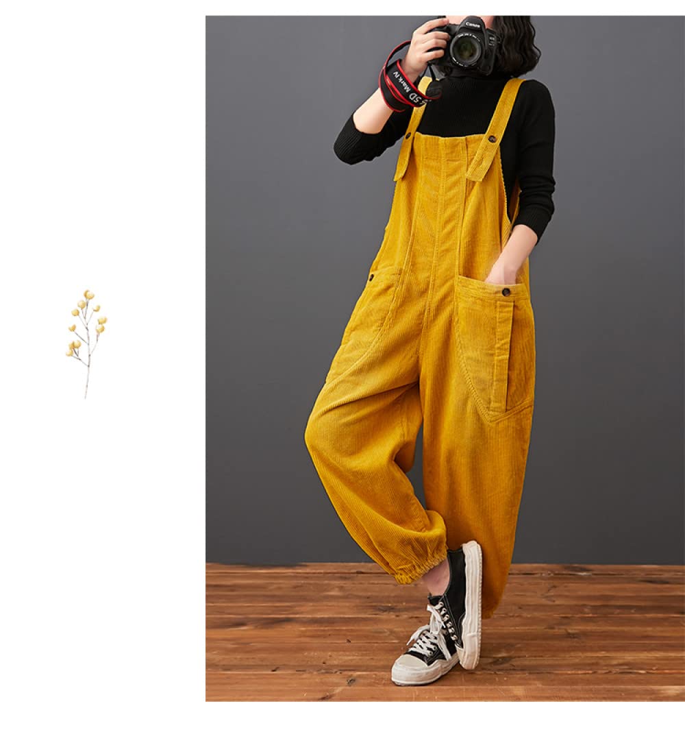Damen Latzhose - Frauen Herbst Winter Gelb Cord Overalls Lose Plus Größe Strampler Tasche Breites Bein Overalls Für Outdoor Hosen Streetwear
