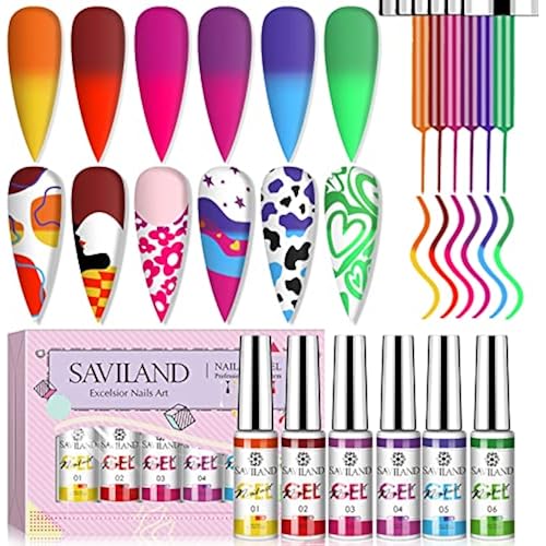 SAVILAND Temperature Color Change Gel Nail Art Polish: Nail Art Pens 6 Colors Changing Liner Gel Polish Mood Temperature Change Nail Polish Set Soak Off Nail DIY Salon Manicure Home Gift Christmas