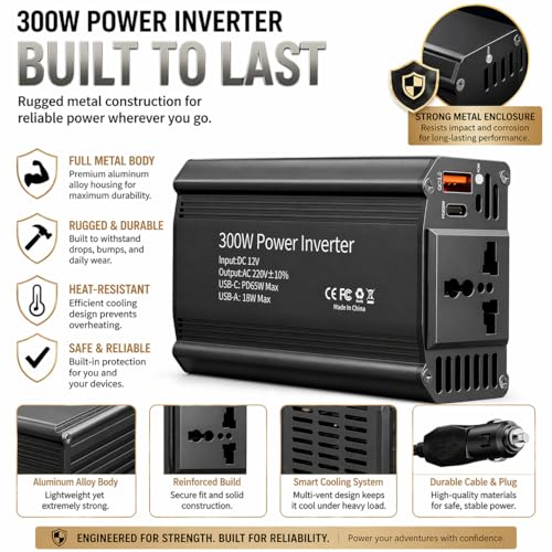 Image of Primate 300W Car Power Inverter with Universal AC Socket, 65W Type-C PD & 18W QC 3.0 USB-A Ports, 12V Car Plug, Aluminum Alloy Body, car Fast Charger for Laptop,Tablet,Smartphone and Travel for Travel