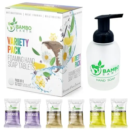 Foaming Dispenser + 6 Pack Natural Foamin Hand Soap Tablets - Antibacterial Soft Moisturizing Handwash Tab Refills Liquid Wash Foam Handsoap - Eco-Friendly Softsoap Refill Tabs