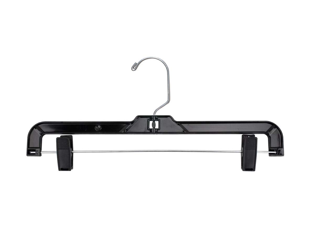 NAHANCO 8600PCLH Black Shiny Plastic Hanger, Skirt Slack, Chrome Long Hook, Black Plastic Clips, 14” (Pack of 100)