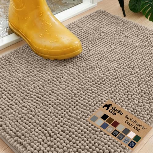 Image of GORILLA GRIP SoakSTOPPER Dog Door Mat, 30x20 Machine Washable Rug Absorbent Doormat Captures Moisture Mud Dirt, Quick Dry Soft Chenille Entryway Rugs Indoor Entrance Mats for Dog Paws, Beige