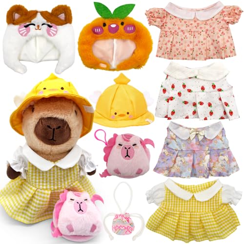 WESOPAN Juego de 10 piezas de peluche Capybara, 25 cm Capibara con 9 vestidos y accesorios para niños Juego de rol y disfraz