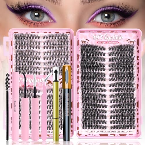 Lash Clusters Kit, 560 Pcs Eyelashes Clusters Kit 9-16mm Individual Natural Lash Extension Kit D Curl Fluffy Wispy False Eyelashes (40D+60D+80D New)With Eyeliner Light Brown Two-In-One Eyebrow Pencil