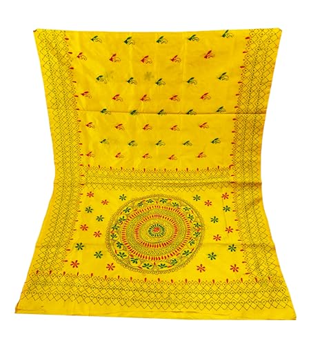 Image of SHRISTI CLOTHINGS Women's Hand Embroidered Cotton Silk Kantha Stitch Saree with Blouse Piece (SB4200924 YELLOWD95)