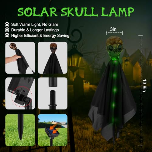 4 Pack Halloween Decorations Outdoor Solar Garden Lights, Solar Creepy Skull Path Lights, IP65 Waterproof 8 Modes Green Halloween Solar Lights Outdoor for Yard, Grave, House, Halloween Party - image 2