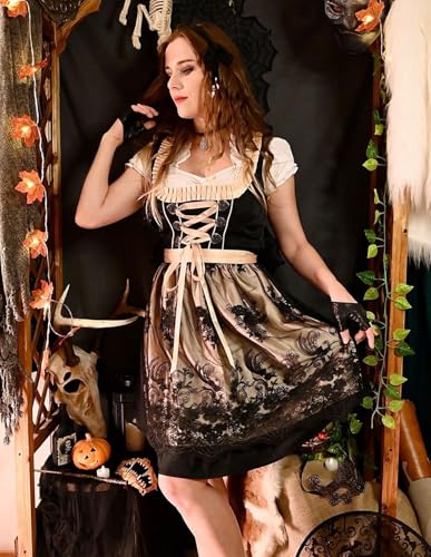 Scarlet Darkness Dirndl Dresses for Women 3 Pcs Traditional Carnival Oktoberfest Costumes with Apron Black L