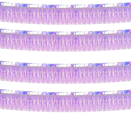 Image of 4 Pack Iridescent Purple Total 40 Feet Foil Fringe Garland Metallic Tinsel Banner Wall Hanging Drapes Parade Float Skirting Decorations for Trailer Mardi Gras Party Birthday Wedding