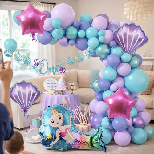 Image of Rozi Decoration Mermaid Theme Birthday Decoration Kit 62 Pcs with Ocean Banner, Pastel Balloons, Star & Shell Foil Balloons and Balloon for Birthday Party Decoration