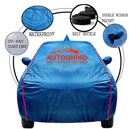 Image of 100% Waterproof Triple Stiched Full Body Car Cover for Tata Tiago with Mirror and Antena Pocket with Soft Cotton Inside(Full Buttom Elastic)(Blue with Red Piping)