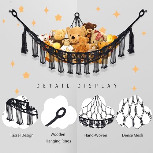 Image of CERETIA Stuffed Animal Hammock with LED Light, Large Stuffed Animals Storage Corner Plushie Net for Kids Room Decor, Jumbo Black