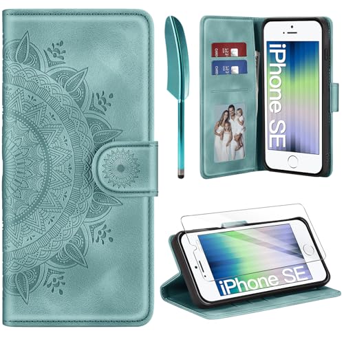 ivencase Lederhülle für iPhone SE 2022/2020 iPhone 8/7 Hülle und Schutzfolie Premium Klappbar Handyhülle Flip Wallet [Kartenfach] [PU Leder] [Ständer] Schutzhülle Grün