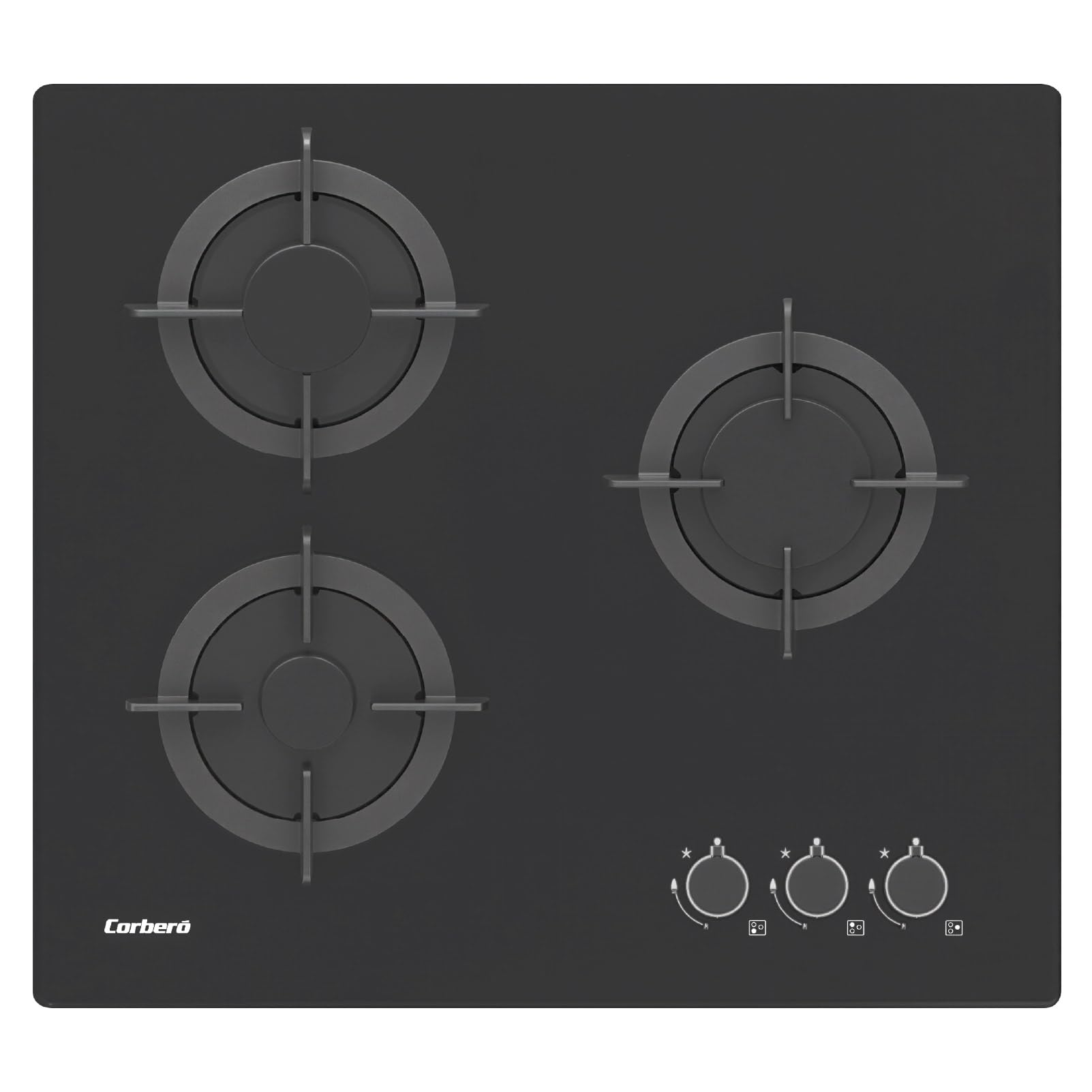 Corberó – Glass Gas Plate 60 cm | CPG306N | 5,45kw | 3 Zones | Side Controls | Cast Iron Grill | Without Frame | Conversion Kit | Without Self-Ignition | Automatic Disconnection | Black
