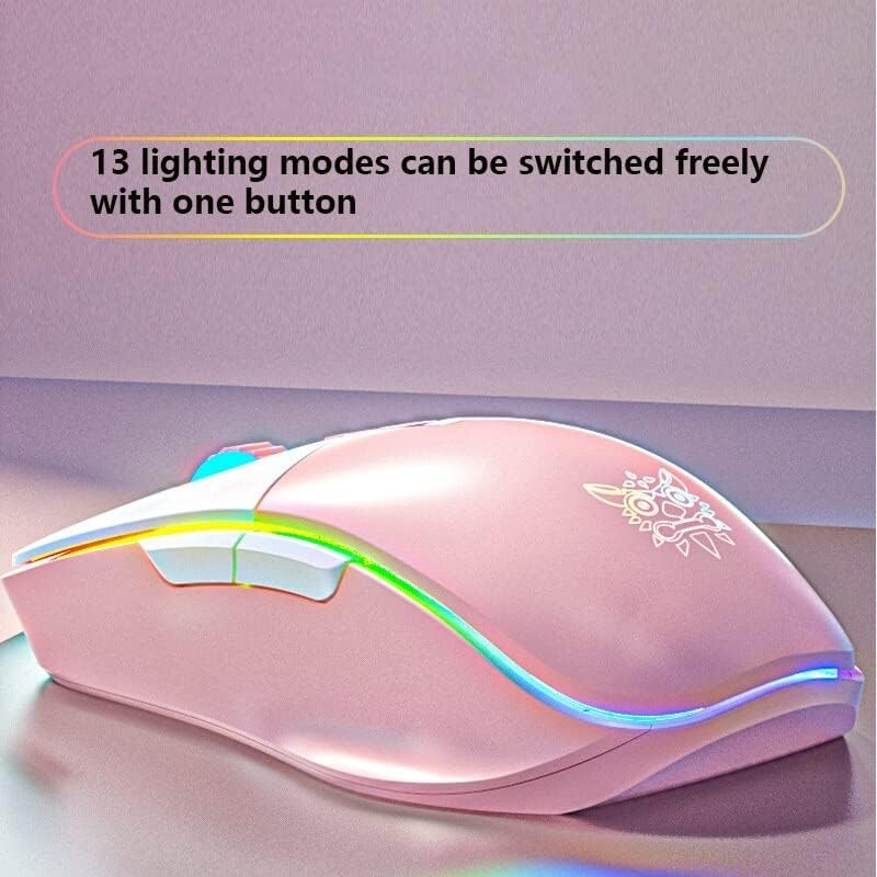The ONIKUMA CW916 mouse displaying its RGB lighting strip along the base, with text indicating 13 lighting modes can be switched freely with one button.