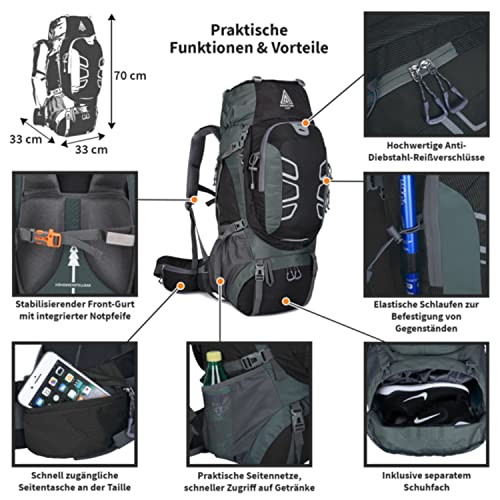 Foto von Adventure 4 Life® Trekkingrucksack: ultraleichter Frontlader - 60l Wanderrucksack - viel Stauraum für Backpacker - Damen+Herren