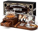 Cigar Ashtray Coaster Whiskey Glass Tray and Cigar Holder, Wooden Ash Tray, Slot to Hold Cigar, Cigar Rest Cigar Accessory Set Gift for Men Dad, Great Decor for Home (with drawer)
