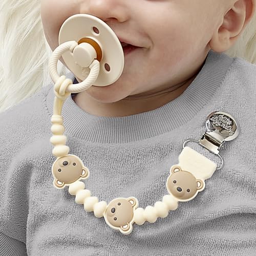 Image of Itzy Ritzy Silicone Pacifier Clip - 100% Food Grade Silicone Pacifier Strap with Clip Keeps Pacifiers, Teethers & Small Toys in Place - Features One-Piece Design, Bear Character & Silicone Cord (Bear)
