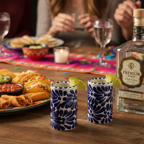 Image of Talavera Mexican Shot Glasses Set of 4 (2 oz) | Authentic Hand-Painted Ceramic Tequileros | Heavy Duty Caballitos for Tequila, Mezcal & Liquors | Blue & White Jaln Azul Floral Design