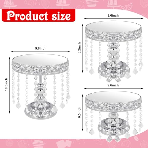 TLY 3 Pcs Silver Cake Stand Set,Round Cake Stand with Crystal Bling Pendants & Mirrored Base,Elegant Silver Dessert Table Display for Weddings Birthdays Parties - Image 4