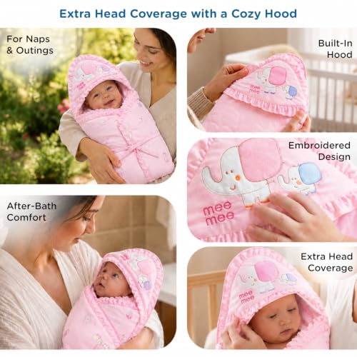 Image of Mee Mee 3-in-1 Baby Wrapper & Carry Nest for Newborns | Soft Breathable Cotton Swaddle with Hood and Cushion | Adjustable Tie-Up Design | Lightweight, Cozy & Easy to Carry (0-6 Months) (Pink)