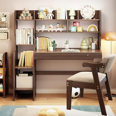 BALANBO Kid's Desk Kid's Table and Chair Set with Drawers and Bookshelf Wooden Kid's Media Desk Student Learning Computer Workstation and Writing Desk (Brown) Cover