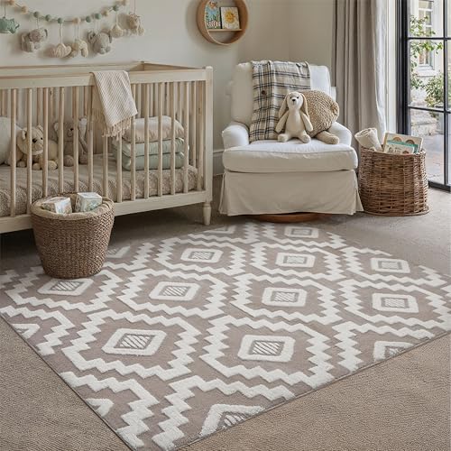 Braun Weiß Teppich Wohnzimmer 80x150cm Boho Schlafzimmer Waschbarer Groß Teppiche 3D Effekt Gegend Kurzflor Flauschig Rutschmatte Esszimmer Kinderzi