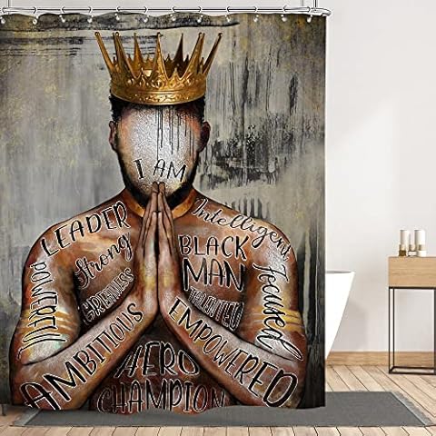 Omifly Black Mens Shower Curtain 72Wx72H Inch Black King African American Man Motivational Inspirational Quotes Phrases Portrait with 12 Plastic Hooks Fabric Waterproof Toilet Accessories Decor Cover