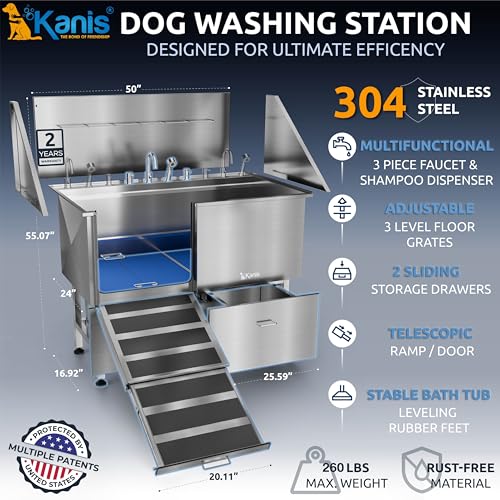 Image of KANIS Professional Dog Washing Station 304 Stainless Steel Pet Wash Sink & Grooming Bathtub w /Shower, Floor Grates and Storage for Large, Medium & Small Pets (Silver, 50 Inches, Left Ramp, 2 Drawers)