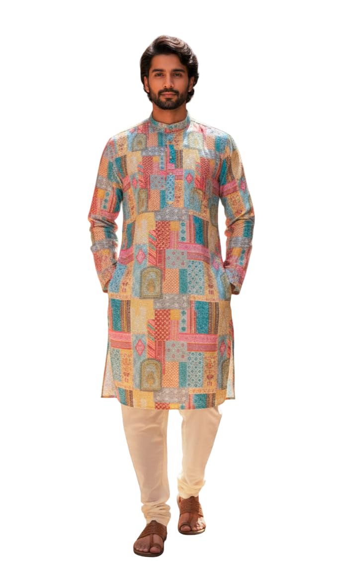 Men’s Multicolor Printed Ethnic Kurta | Stylish Patchwork Design Long Kurta with Mandarin Collar | Festive, Wedding Kurta for Men-image-30