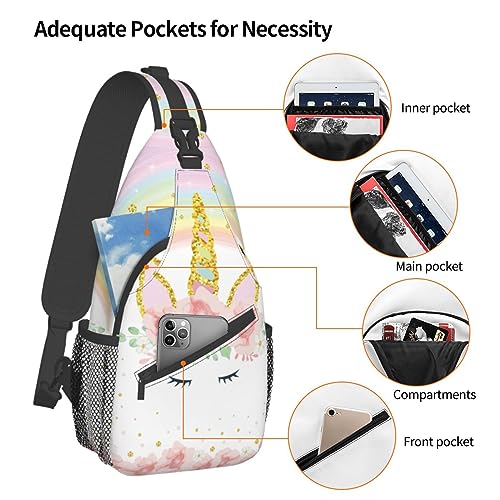 Pink Glitter Flowers Unicorn Sling Bag Crossbody Backpack for Women Men Hiking Travel Over the Shoulder Daypack Casual One Strap Pack Lightweight Cross Chest Bag Purse Outdoor Cycling4