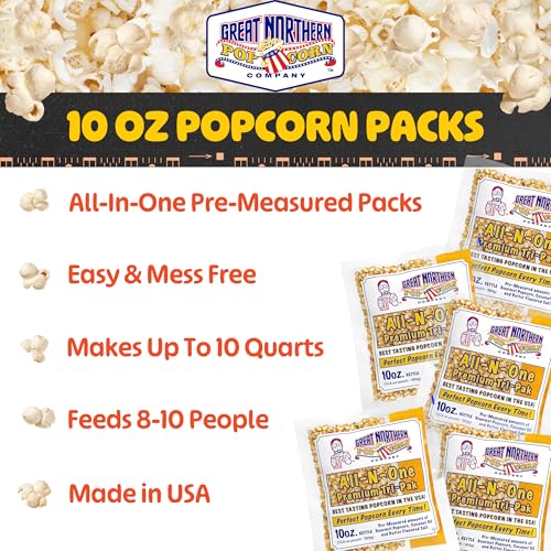 Image of 10oz Popcorn Machine Popcorn Packets - All-in-One Movie Theater Style Popcorn Kernels, Salt, and Oil Packs by Great Northern Popcorn (24 Case)