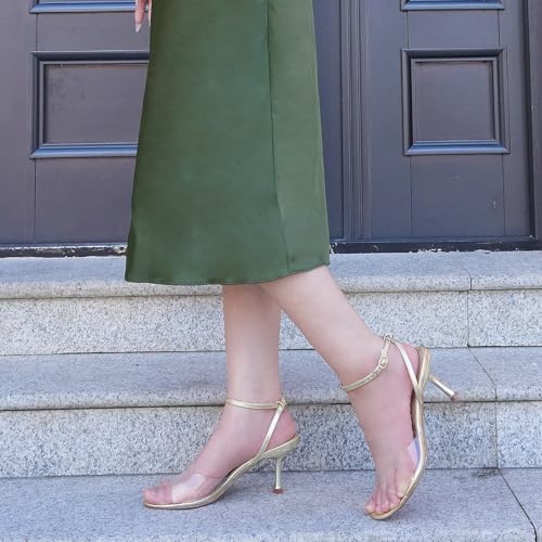 JENN ARDOR Clear Heels for Women Kitten Strappy Sandals Comfort Round Open Toe Ankle Strap Stilettos Wedding Party Low Heeled Dress Shoes