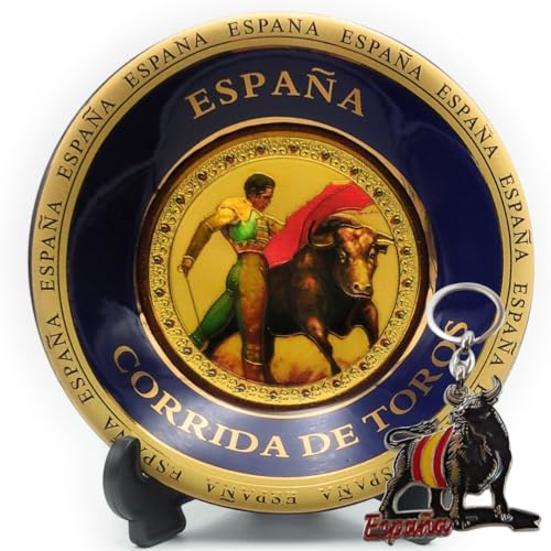 Planta Color Plato Decorativo España Corrida De Toros + Llavero Souvenir Toro (Incluye Soporte Y Gancho para Colgar) | Regalo Original para Amantes De La Cultura Española Y El Arte Taurino (Torero)