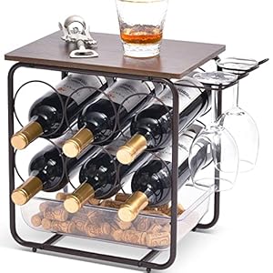 APEXCHASER Wine Rack, 6 Bottles Free Standing Wine Holder with Storage Drawer, Wooden Countertop with 3 Glasses Rack, Wine Bottle Holder for Bar, Wine Cellar, Champagne Organizer for Kitchen