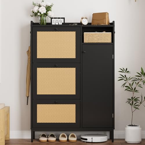 GarveeHome Shoe Cabinet Rattan with 3 Flip Drawers and 4-Tier Shoe Storage Cabinet, Freestanding Shoe Organizer with Adjustable Shelves for Entryway, Closet, Hallway (Black) - Thumbnail 7