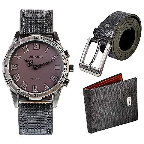 Souarts Mens Watch Set Artificial Leather Quartz Analog Wrist Watch Belt Wallet Set Mens Watch Gift Set Dark Blue Cover
