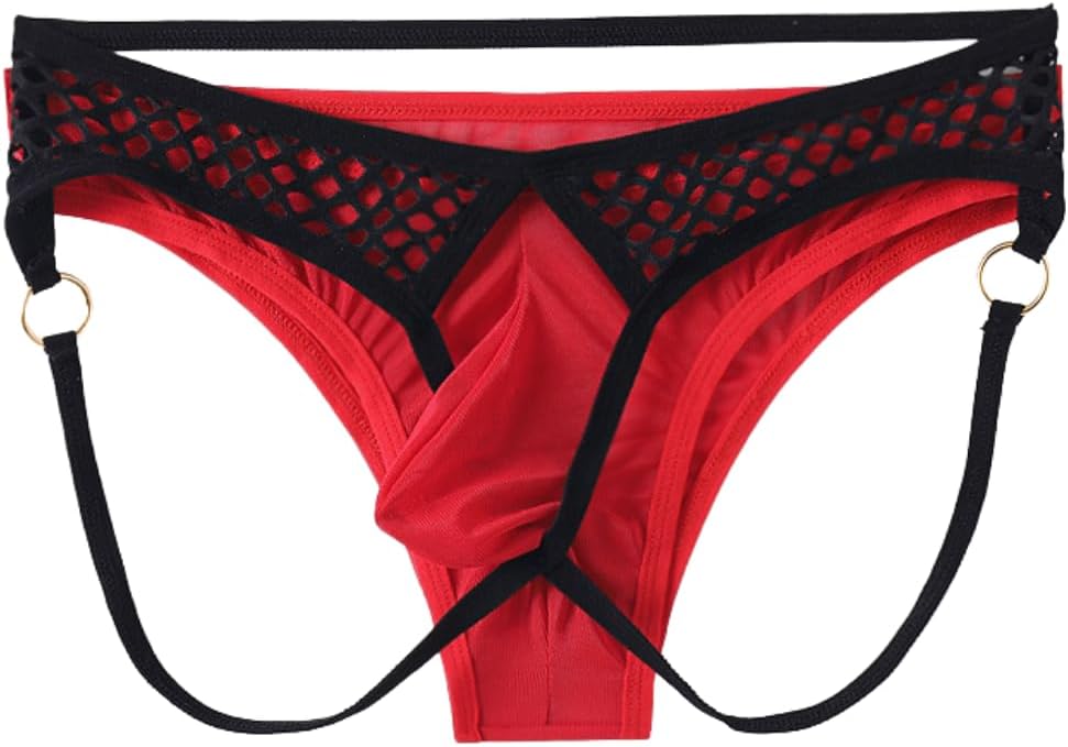 ChiaoLezhee Mens Sexy Fishnet Mesh Combo Briefs Underwear, Color Block Cheeky Low Rise, Sheer Pouch Elastic Bikini Lingerie