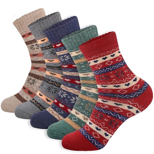 Image of LOCONHA Womens Wool Socks 5 Pairs Winter Warm Sock Thick Knit Cabin Cozy Crew Soft Socks Gifts for Women