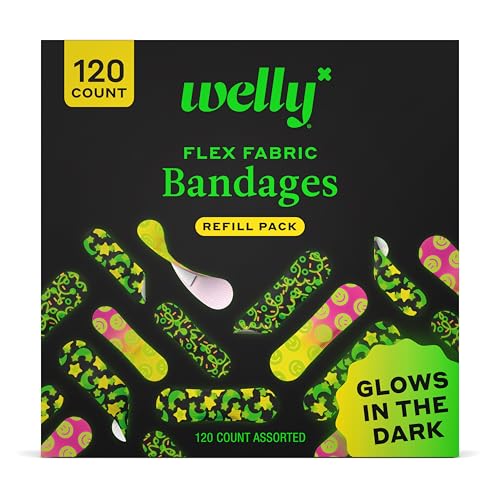 Image of Welly Bandage Glow-in-The-Dark Refill Pack | Adhesive Flexible Fabric Bandages | Assorted Shapes and Patterns for Minor Cuts, Scrapes, and Wounds - 120 Count