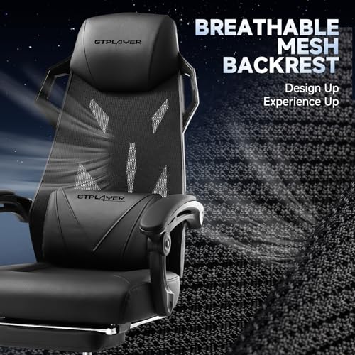 GTPLAYER Computer Chair with Adjustable Footrest, Ergonomic Gaming Chair with Headrest and Lumbar Support, Breathable Mesh Office Chair for Adults, High Back Reclining Desk Chair for Gaming and Office