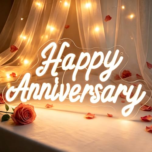 Image of Happy Anniversary Neon Sign - 15.75 inch Dimmable LED Wall Decor Light, USB Romantic Gift for Couples,Business Celebrate Banner,Party Wedding Anniversary Decorations