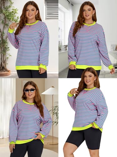 Image of ROSRISS Womens-Plus-Size-Oversized-Sweatshirts Striped Colorblock Long Sleeve Shirts Casual Crewneck Pullover Sweaters XL-5XL