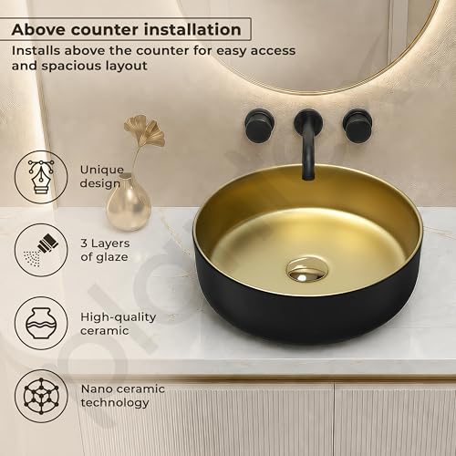 Image of Plantex Table Top Wash Basin for Bathroom /Designer Ceramic Basin /Round Countertop Vessel Sink Basin for Home /Office /Hotel (Black & Gold - 14 x 14 x 5 Inch)