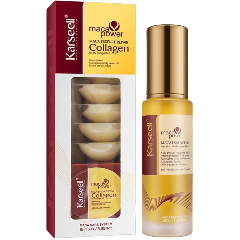 Karseell MACA CARE SYSTEM Zestaw 8 Masek do Włosów Kolagen Monodozy 12ml + Serum Olejek Arganowy 50ml Olej Kokosowy Karite Głęboka Regeneracja Intensywne Nawilżenie Antifrizz Włosy Suche Zniszczone