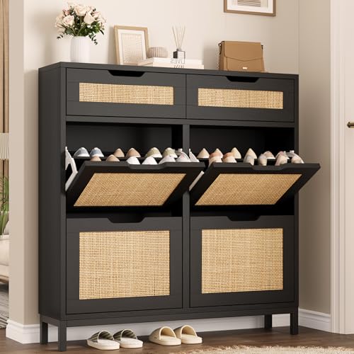 Jocoevol Rattan Shoe Cabinet for Entryway, Boho Shoe Storage Cabinet with 4 Flip Drawers and 2 Drawers, Narrow Freestanding Shoe Rack with Metal Legs for Entryway/Hallway/Foyer (Black)