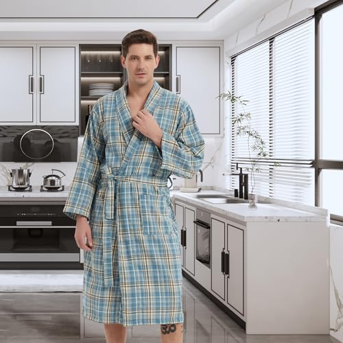 Men's Robe-Polyester Flannel Ultra-Lightweight Bathrobe for Unisex,Scottish Plaid Style Shawl Collar Bathrobe3