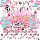 Spa Party Supplies for Girls Includes Cake Topper, 12Cupcake Toppers, 18 Latex Balloons, Spa Backdrop, 1 Table Cloth , 1 Banner for Spa Birthday Party Decoration