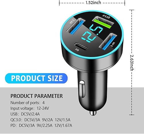 Miniatura 2 de Cargador rápido de coche de 4 puertos, pantalla de voltímetro actualizado PD+QC3.0 adaptador de cargador de coche para enchufe de encendedor de