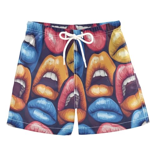 Swim Trunks Boys 8-10 Colorful Lips Art Pattern Swim Shorts with Liner Bathing Suit Swimsuit Teen Boy Swim Trunks,L
