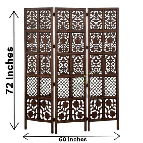 Image of Wooden Room Divider Screen | Hand Carved Partition Panel for Living Room Bedroom Office Hallway | Foldable Privacy Separator Three Panels with Stands | Home Decor Accent